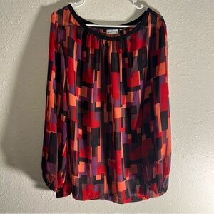 Size 2X Liz Claiborne Red Orange Black Geometric Long-Sleeve Blouse